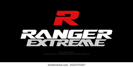 R Extreme Logo Sport Modern Future Alfabeto Fonte e Número. Tipografia abstrata itálico negrito tecnologia de fontes, esporte, marca de filme e logotipos. ilustração vetorial