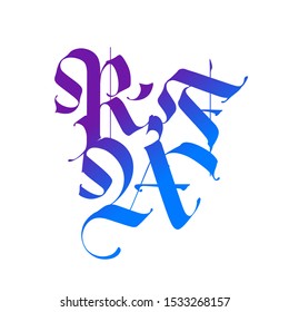 R, F, A in the Gothic style. Vector. Letters and symbols on a white background. Calligraphy with a color marker. Medieval latin letters. Elegant font for tattoos. Ancient Germanic style.