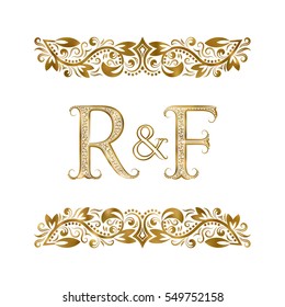 R and F vintage initials logo symbol. The letters are surrounded by ornamental elements. Wedding or business partners monogram in royal style.