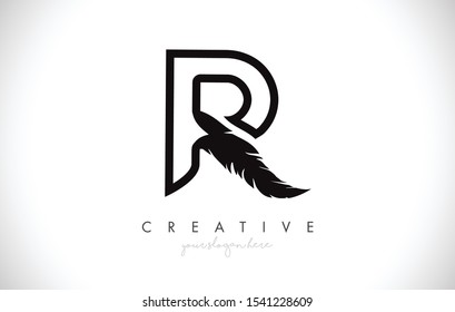 R Feather Letter Logo Icon Design With Feather Feather Creative Look Vector Illustration in Black and White Colors.