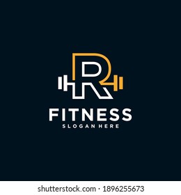 R fitness logo logo with Kettlebell fitness vector icon design and Barbell Fitness Gym Logo Design.