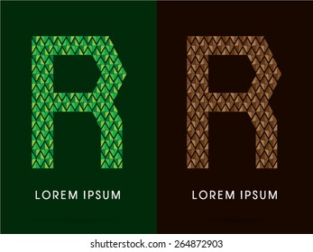 R , font, concept leaf and rock, designed using colors green and brown colors tone geometric shape on dark background, sign ,logo, symbol, icon, graphic, vector.