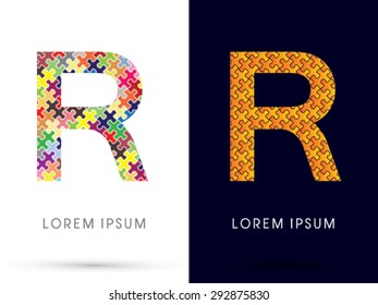 R, Font, designed using Jigsaw puzzle pattern, graphic vector.
