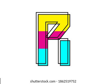 R font letter made of black frame outline shadow of font pink, blue, yellow color. Vector illustration for logo, design element, poster and more      

 

