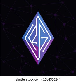 R G Initial letter block chain logo icon vector template. Looping mono line circuit letter on rhombus cube logo
