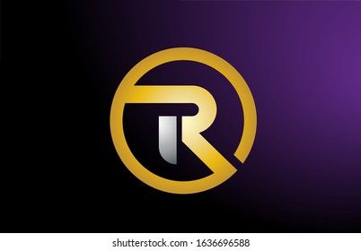 R gold golden silver metal metallic alphabet letter logo icon design. Suitable for a company or business. Yellow and grey gradients on purple color background