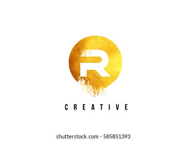 R Gold Letter Logo Design with Round Circular Golden Texture Vector Illustration. 