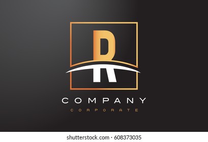 R Golden Letter Logo Design with Swoosh and Rectangle Square Box Vector Design.