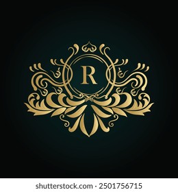 R golden letter logo. R logo initial Luxury ornament emblem. Golden template for cafe, bars, boutiques, invitations. Logo for business. Vintage elements. 