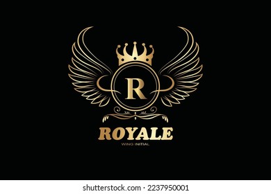 R Golden patterned letters and initial monogram in coat of arms form with crown. Royal font and elements kit for logo design.