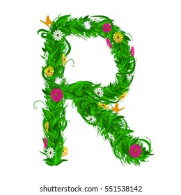 R Green eco letter with leaves and flowers for your design. Flat color style. Spring and summer concept. Vector Illustration