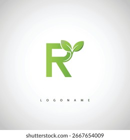 Logotipo de la hoja verde de R - monograma ecológico mínimo para la marca orgánica y el diseño sostenible de la identidad