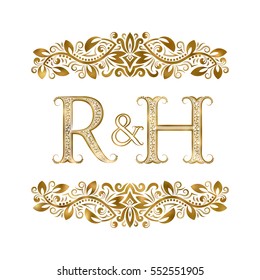 R And H Vintage Initials Logo Symbol. The Letters Are Surrounded By Ornamental Elements. Wedding Or Business Partners Monogram In Royal Style.