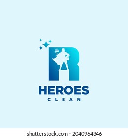 R héroe Letra inicial Servicio de limpieza Idea de logotipo moderno simple.