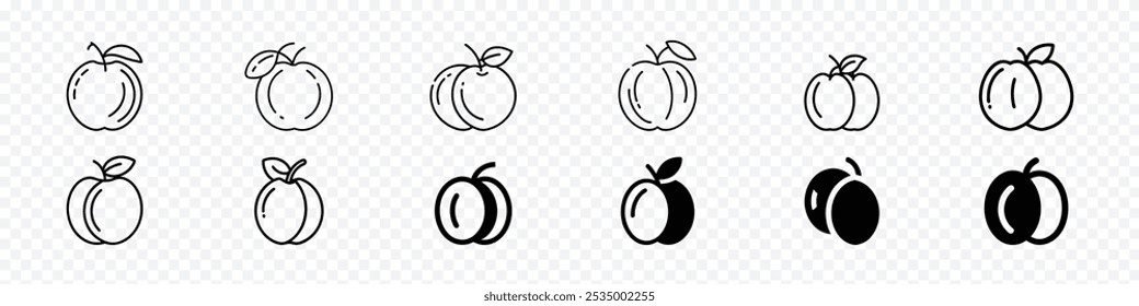 r ícone de uma ameixa sobre um fundo branco. Ícones de ameixa. Ícone Peach. Ícone de damasco. Frutas. Ícones, modelo de design de vetor de ícone de ameixa em fundo branco