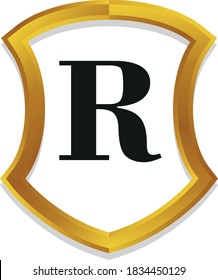 R Initial alphabet 3d metallic golden shield frame logo template