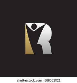 R initial alphabet letter logo with holding hands swoosh man, silver gold black background