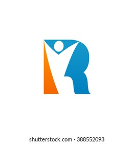 R initial alphabet letter logo with holding hands swoosh man, orange blue