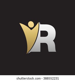 R initial alphabet letter logo with holding hands swoosh man, silver gold black background