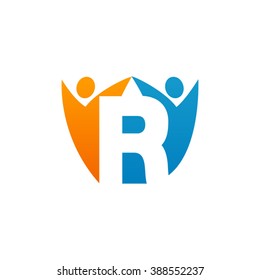 R initial alphabet letter logo with holding hands swoosh man, orange blue