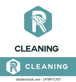 R Initial Letter Cleaning Service Simple Flat Modern Logo with Broom, Brush icon. Housecleaning, Maintenance Home Repair Business Brand. Home Clean Up Retail company 