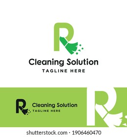 R initial letter combine with broom for cleaning service, house maintenance, repair, housecleaning, logo vector template concept