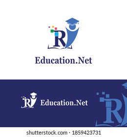 R Initial letter for Education/Academy Technology with Toga hat cap and children