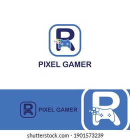 R initial letter with game console icon and pixel for gaming logo concept. game startup application