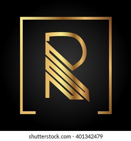 R initial logo, golden, square frame
