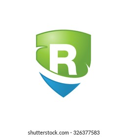 R initial swoosh shield logo blue green