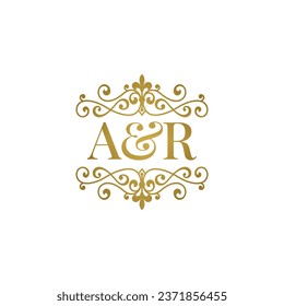 A R initials logo ornament gold. Letter AR wedding ampersand or business partner symbol.