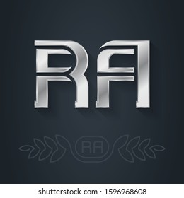 R and A - initials or silver logo. RA - Metallic 3d icon or logotype template. Vector Design element with lineart option.
