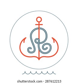 R letter with an anchor and rope vector vintage label, logo, icon design template element. This badge can be used as trademark or a print on fabric.