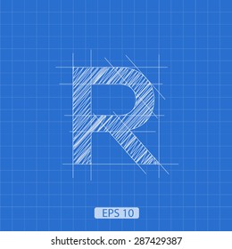 R letter architectural plan on blue print background