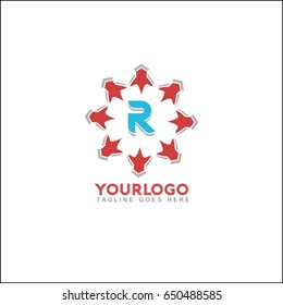 R letter brand identity. Vector graphic elegant sliced alphabet symbol with star element on circle in silver and red color.
