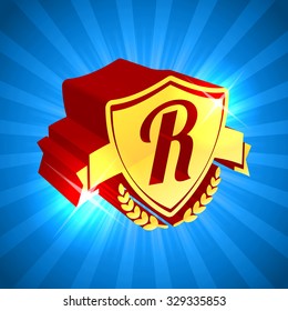 r letter business red gold logo design template abstract vector elements for corporate identity emblem label or icon on bright shiny blue background conceptual red rich unusual sign deal blue gold imp
