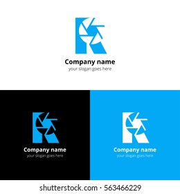 R letter with camera shutter logo icon. Flat and vector design template for photo company or brand. Logotype with blue color.
