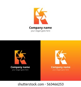 R letter with camera shutter logo icon. Flat and vector design template for photo company or brand. Logotype with orange gradient color.