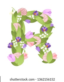 R letter. Cartoon flower font design. Letter with flowers and leaves. Flat vector illustration isolated on white background.
