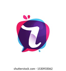 R letter chat app logo at colorful watercolor splash background. Color multiply style. Bubble speech vector typeface for labels, headlines, posters, cards etc.