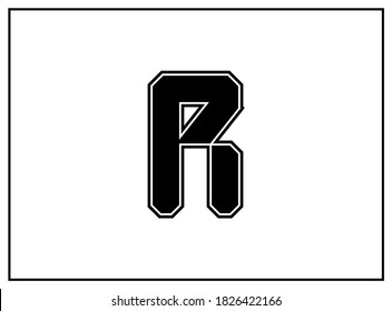 R letter classic american, college style font. Uniform letter in black with a black outside contour line. Vintage sport font.For jersey, t-shirt, basketball, baseball, football. Isolated vector