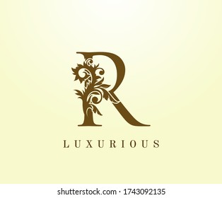 R Letter Classic logo. Vintage Brown letter stamp for book design, weeding card, label, business card, Restaurant, Boutique, Hotel. 