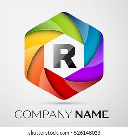 R Letter colorful logo in the hexagonal on grey background. Vector template for your design