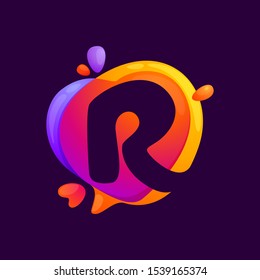 R letter at colorful speech bubble and heart background. Color multiply style. Vector typeface for app, headlines, posters, cards etc.