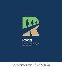 R letter with countryside road and trees minimal logo design concept. Vector illustration