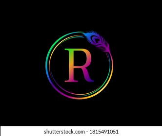 R Letter Decorated With Hologram Color Peacock Feather. Circle Badge With Peacock Feather. 