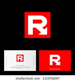 R letter. Delivery logo. R monogram with arrow, isolated on a red background.  Identity. Business card.