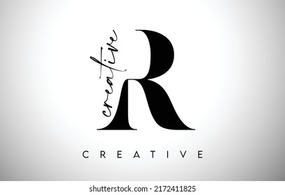 R Letter Design with Creative Cut and Serif Font in Black and White Colors Vector Illustration.