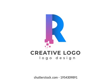 R Letter Design with Creative Dots Bubble and Blue Pink Colors Vector Illustration.