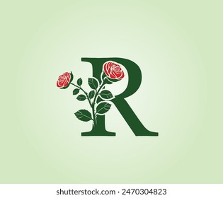 R Letter design with red rose flower and leaves on a green background. Initial Letter R Vector Illustration combined with Botanical elements.